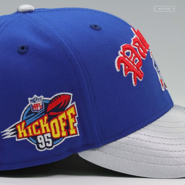 NEW ENGLAND PATRIOTS NFL KICKOFF 1995 BLUE SAPPHIRE SILVERSTONE METALLIC NEW ERA FITTED CAP