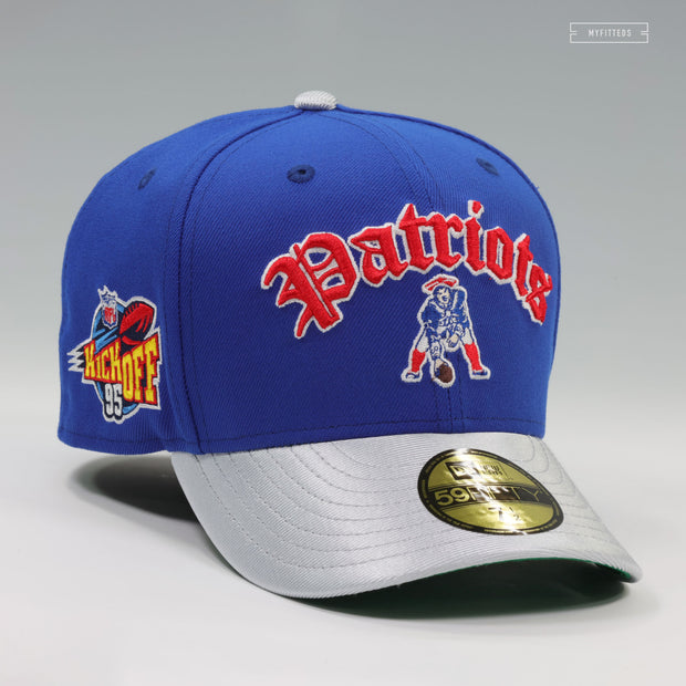 NEW ENGLAND PATRIOTS NFL KICKOFF 1995 BLUE SAPPHIRE SILVERSTONE METALLIC NEW ERA FITTED CAP