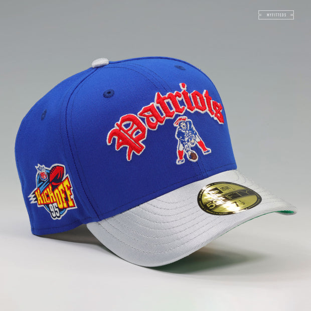NEW ENGLAND PATRIOTS NFL KICKOFF 1995 BLUE SAPPHIRE SILVERSTONE METALLIC NEW ERA FITTED CAP
