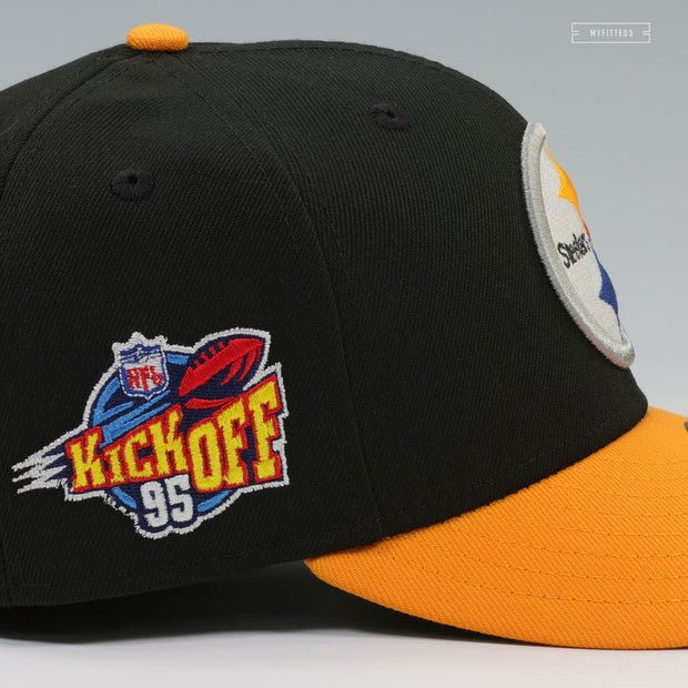 PITTSBURGH STEELERS NFL KICKOFF 1995 JET BLACK ARGENT GOLD NEW ERA FITTED CAP