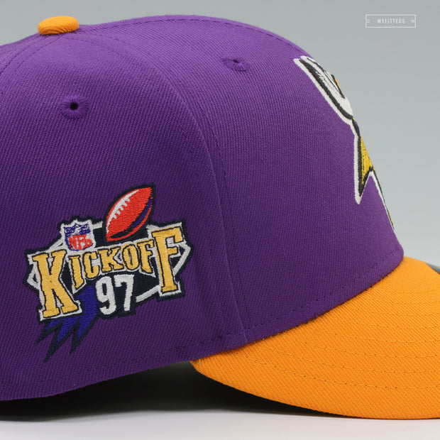 MINNESOTA VIKINGS NFL KICK OFF 1997 ACCENT PURPLE YUKON GOLD NEW ERA FITTED CAP
