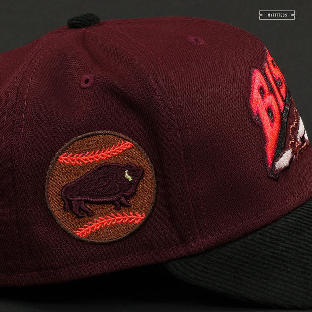 BUFFALO BISONS SLIDING BISON INTENSE MAROON AND INFRARED BLISS NEW ERA FITTED CAP