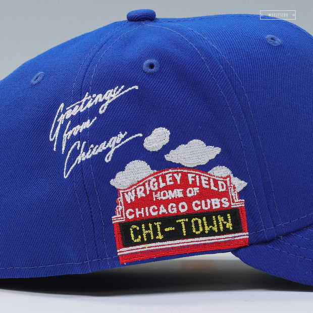 CHICAGO CUBS GREETINGS FROM CHICAGO CHI-TOWN WRIGLEY FIELD NEW ERA FITTED CAP