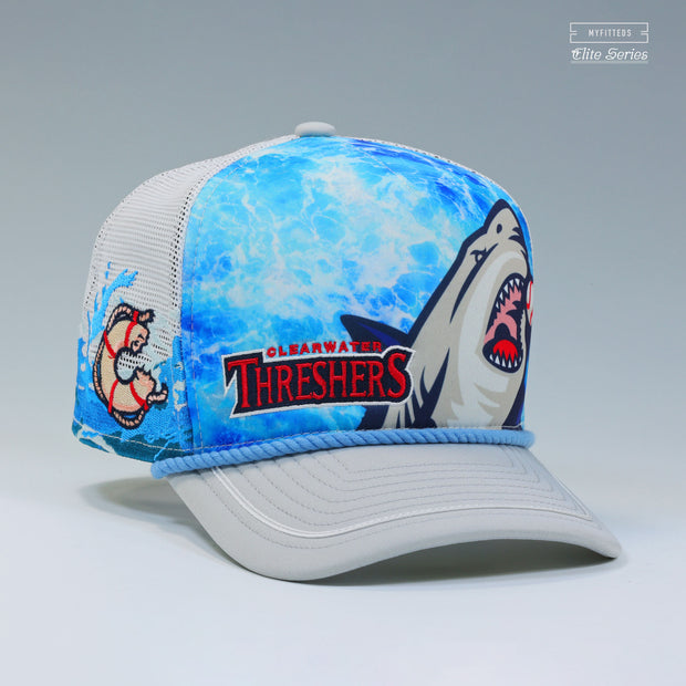 CLEARWATER THRESHERS JAWS UNIVERSAL STUDIOS INSPIRED TRUCKER MESH ELITE SERIES A-FRAME NEW ERA CAP