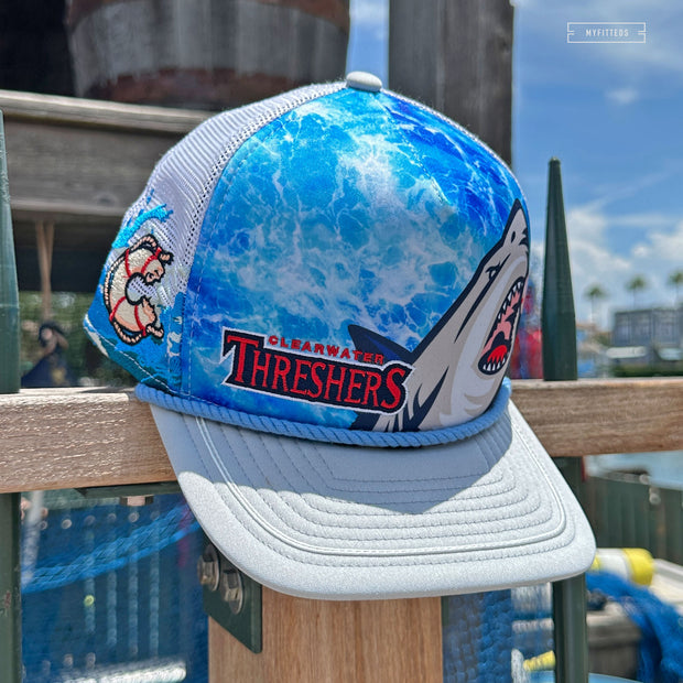 CLEARWATER THRESHERS JAWS UNIVERSAL STUDIOS INSPIRED TRUCKER MESH ELITE SERIES A-FRAME NEW ERA CAP