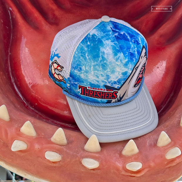 CLEARWATER THRESHERS JAWS UNIVERSAL STUDIOS INSPIRED TRUCKER MESH ELITE SERIES A-FRAME NEW ERA CAP