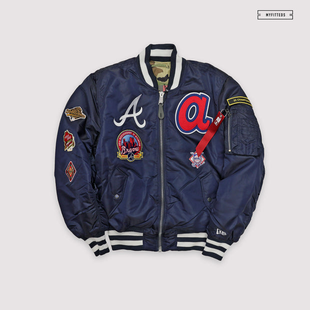 NEW ERA X ALPHA INDUSTRIES ATLANTA BRAVES REVERSIBLE BOMBER JACKET